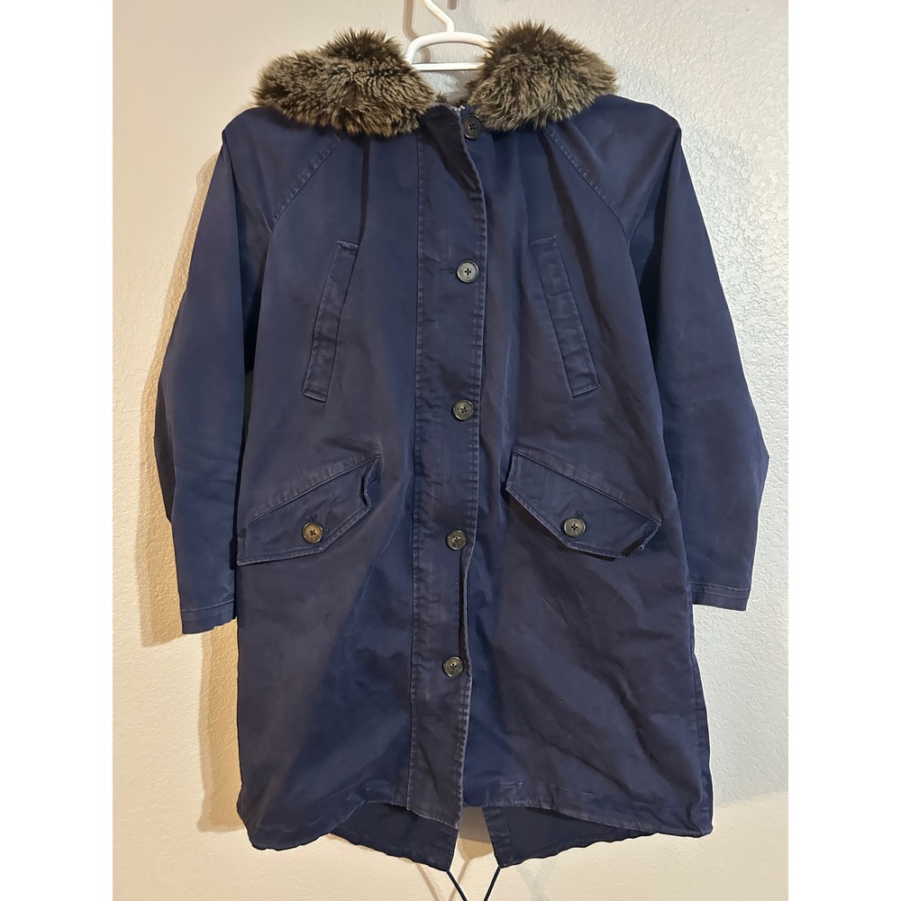 Lands End Womens Navy Blue Faux Fur Trim Split Hood Parka Jacket Small 6-8